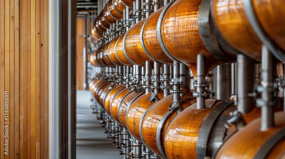 Obraz premium Symmetrical composition of distillery copper stills, warm amber tones from aging barrels, 40% vertical copy space on left,