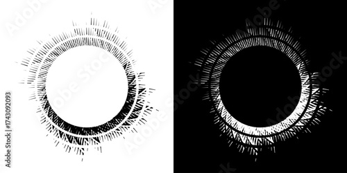 Dynamic abstract spiral sound wave rhythm lines. Circular spiral sound wave rhythm of lines. Circular futuristic abstract lines, black and white background.	

