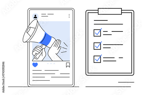 Smartphone post with hand holding megaphone, checklist clipboard with marked tasks. Ideal for communication, marketing, planning, campaigns, strategy, organization teamwork. Simple flat metaphor