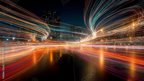 Night cityscape with abstract energy light trails creating motion and futuristic ambience.