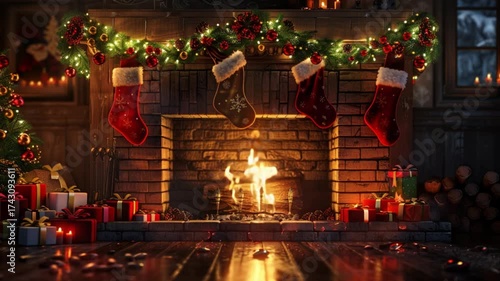 Cozy Christmas fireplace with burning fire, festive decorations, and hanging stockings.