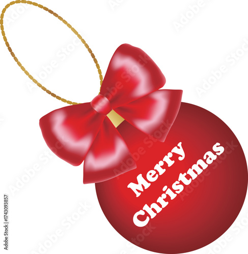 Golden Christmas Ornament Ball with Ribbon and "Merry Christmas" Text