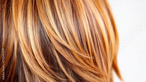 Close up of flowing auburn and blonde highlighted hair texture, soft movement.