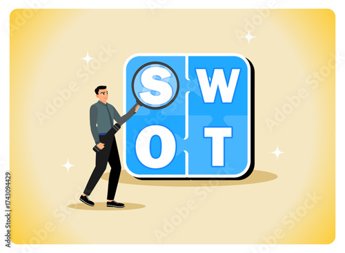 Business man analyzing SWOT puzzle with magnifying glass for strategic planning.