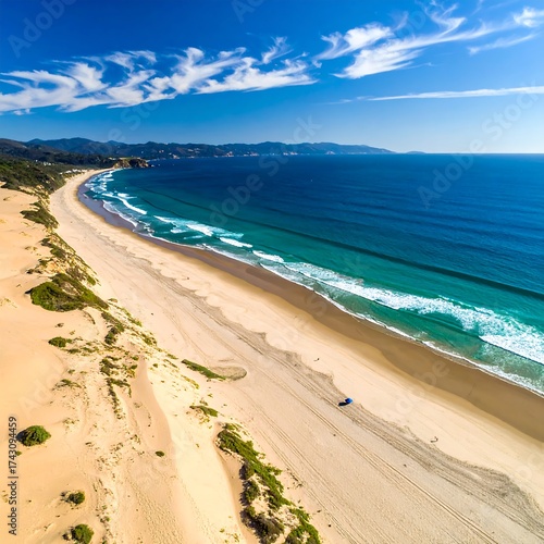 Aerial view of a scenic sandy beach with waves