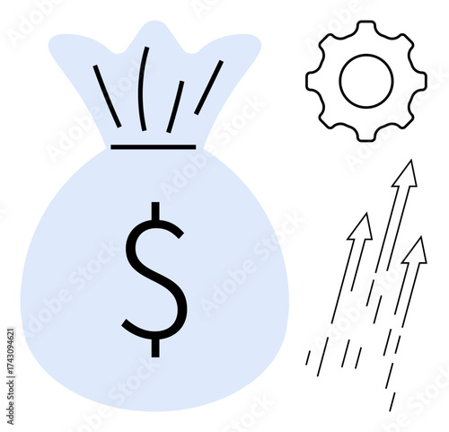 Money bag symbolizing wealth, gear for process management, upward arrows for growth potential and progress. Ideal for finance, investment, business growth, wealth, strategy process success. A