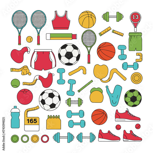 Collection of Sports Equipment and Accessories for Fitness and Recreation.