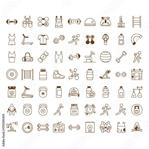 Fitness gym and sport equipment line icons set.