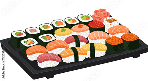 Assorted Sushi Platter with Tuna, Salmon, and Seaweed Rolls Ready to Eat