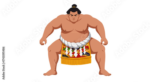 Digital Illustration of a Sumo Wrestler in Traditional Mawashi Ready for a Match