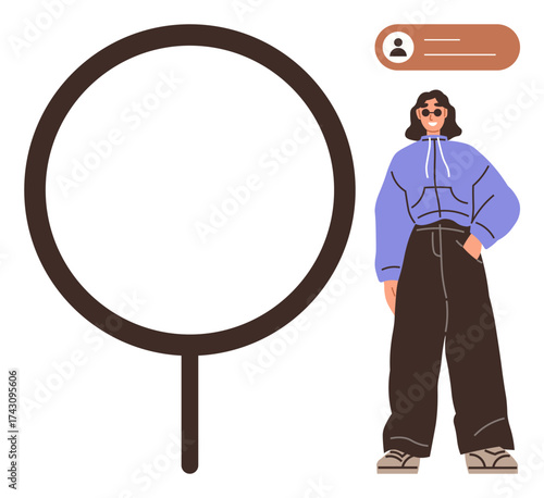 Confident woman in oversized hoodie and wide-leg pants stands next to a large magnifying glass and user profile section. Ideal for personal branding, search concept, recruitment, identity, digital