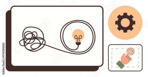 Tangled line turning into lightbulb, symbolizing solution to complexity, with gear for process and hand gesture for interaction. Ideal for innovation, creativity, workflow, strategy, teamwork