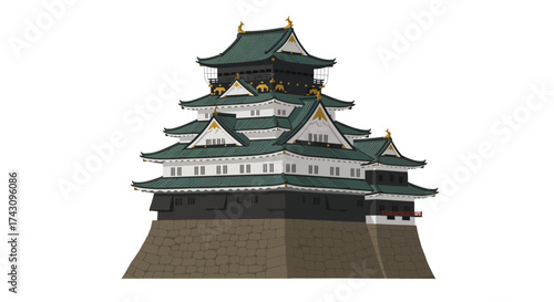 Majestic Japanese Castle Illustration in White and Green