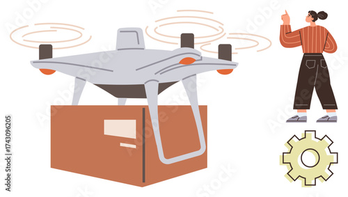 Flying quadcopter carrying a package with spinning propellers, woman with thumbs up, and a gear icon. Ideal for technology, innovation, delivery, logistics, efficiency automation future trends. A