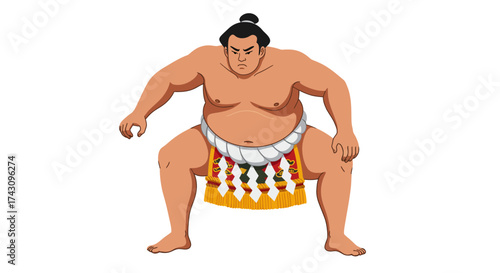 Illustration of a Sumo Wrestler Ready for a Match on a White Background