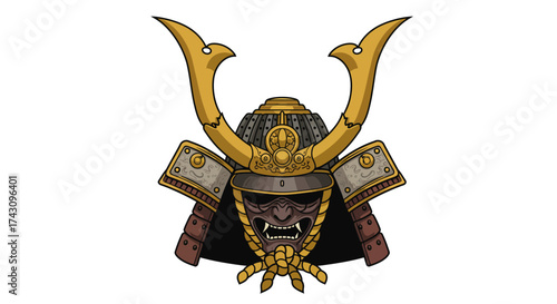 Detailed Samurai Mask Illustration with Golden Accents and Intricate Details
