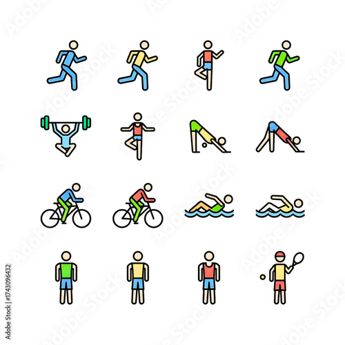 Colorful Sports and Fitness Activities Vector Icons Set for Healthy Lifestyle and Exercise Concept