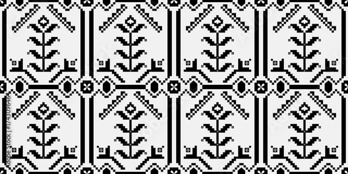 Black flower geometric pattern with bold frame on soft gray background. Ethnic pattern seamless. Abstract floral, motif, vintage, elegant, pixel-art for textiles, fabric texture, wallpaper, print.
