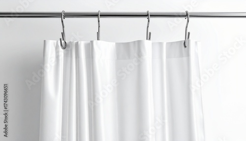 Close-up of a White Shower Curtain Hanging from Metal Hooks on a Silver Rod, Modern Bathroom Setup with Clean Lines and Minimalist Design