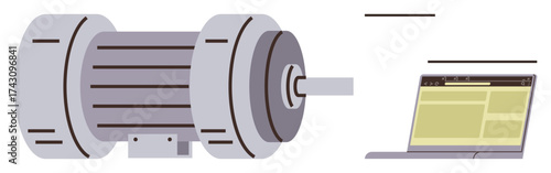 Electric motor connected to a laptop displaying software interface, showcasing monitoring and control. Ideal for industrial automation, IoT, machinery operation, technology integration, energy