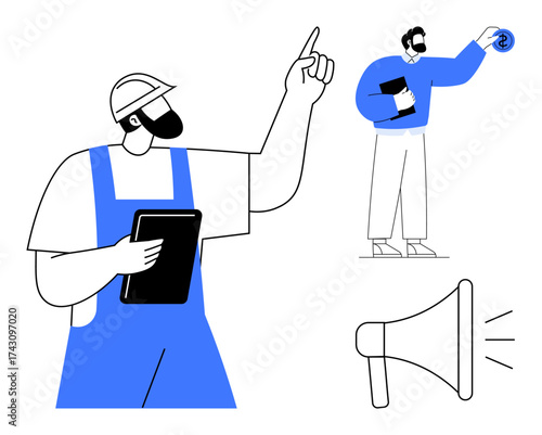 Construction worker with tablet, man holding coin, and megaphone underline teamwork, financial planning, and communication. Ideal for business, teamwork, finance, leadership strategy collaboration