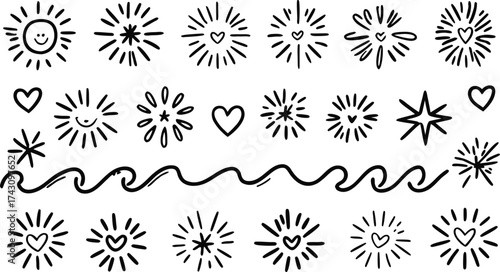 Whimsical Hand-Drawn Doodle Set of Sparkles, Hearts & Motion Lines