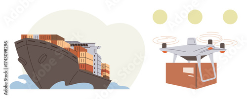 Cargo ship sailing with stacked containers and quadcopter on delivery mission. Ideal for logistics, transportation, shipping, international trade, technology, innovation, e-commerce, futuristic