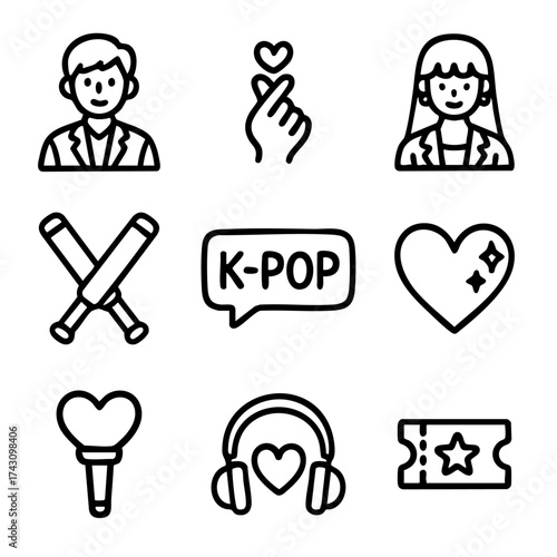 A set of doodle line icons showing K-pop fan culture, lightsticks, idols, love symbols, music, and concert ticket elements