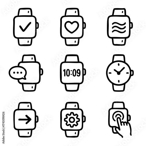 A set of doodle line icons representing smartwatch functions, wearable technology, fitness tracking, notifications, time display, and settings