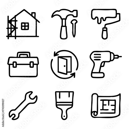 A set of doodle line icons representing home renovation, construction tools, building repair, painting, and DIY improvement activities
