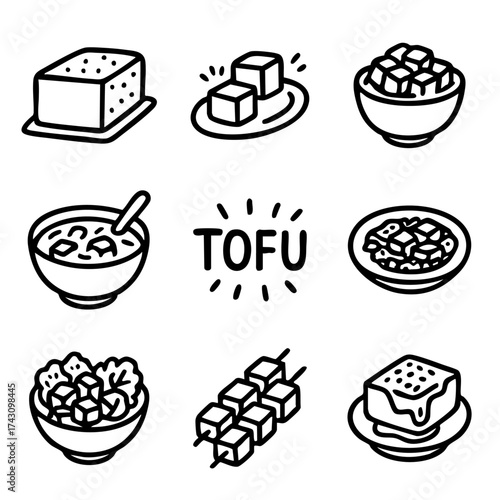 A set of doodle line icons featuring tofu in various dishes, representing plant-based protein, healthy meals, and vegetarian cuisine