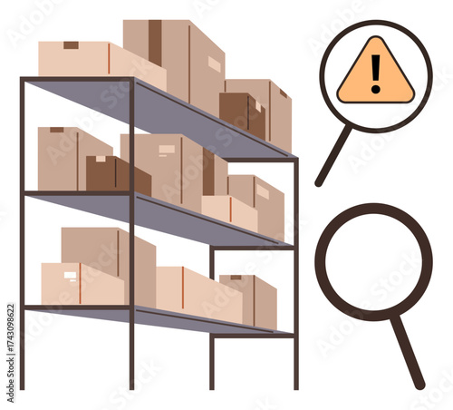 Shelves stacked with boxes alongside magnifying glasses and a warning sign emphasizing organization, logistics, or safety. Ideal for storage, shipping, inventory, risk management, supply chain