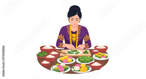 Traditional Food Preparation, Woman, Asian Kitchen, Illustration, Culinary Arts, Close-Up, Cultural Heritage