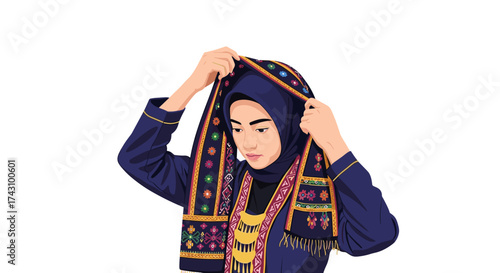 Woman Wearing Traditional Attire, Middle Eastern Setting, Illustration, Vibrant Colors, Engaging Viewpoint