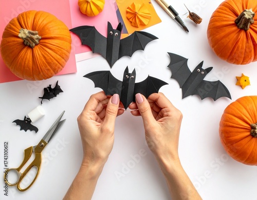 Woman's hands crafting spooky black paper bats for a DIY Halloween decoration project with pumpkins and supplies on a white background