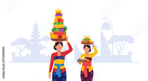 Cultural Celebration, Women, Bali, Illustration, Festive Environment, Side View, Traditional Offerings and Rituals