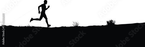 Resistance running silhouette, athlete training outdoors, tethered sprint motion, grassy terrain workout, black profile art, fitness endurance concept