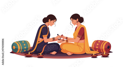Cultural Celebration, Women, Traditional Setting, Illustration, Festive Atmosphere, Intimate View, Henna Application Ritual