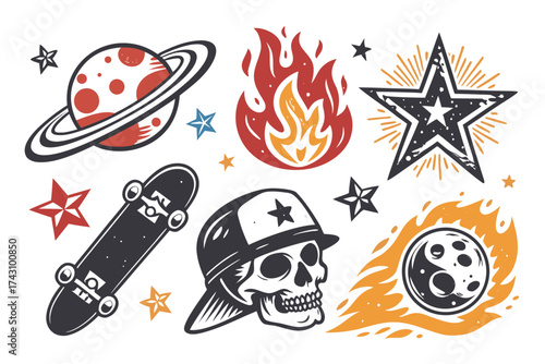 Skateboarding space and fire themed elements in a black and white sketch