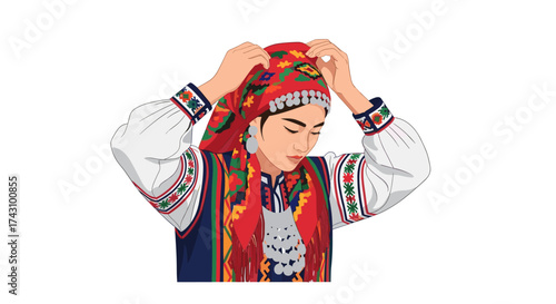 Cultural Event, Traditional Woman, Folkloric Setting, Illustration, Vibrant Colors, Close-Up, Heritage Celebration