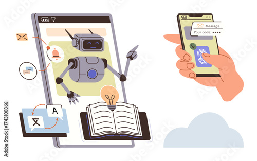 Robot on a tablet helps with translation, learning, and automation. Hand interacts with biometric access and notifications. Ideal for AI, education, technology, security, automation communication