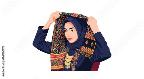 Cultural Event, Woman, Community Gathering, Illustration, Vibrant Setting, Side View, Traditional Attire and Scarf Presentation