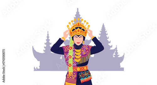Cultural Dance Performance, Traditional Dancer, Southeast Asia, Illustration, Vibrant Background, Front View, Heritage Celebration