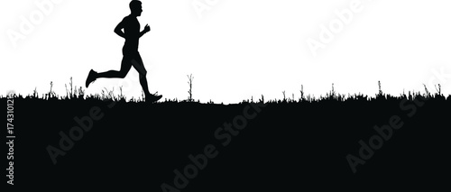 Running silhouette, athletic motion, outdoor fitness scene, grassy terrain, dynamic runner pose, black profile art, minimalist sport illustration