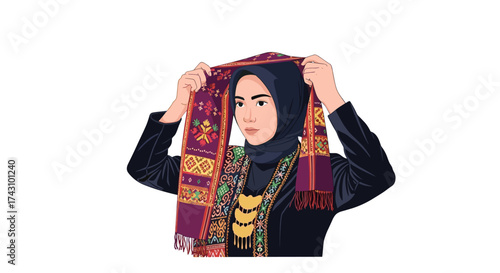Woman in Traditional Attire, Local Market, Illustration, Colorful Environment, Portrait View, Heritage Celebration