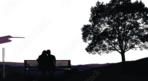 Romantic couple silhouette, sunset bench moment, peaceful nature scene, love under tree, scenic hills, flying bird, tranquil evening embrace