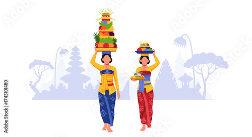 Cultural Celebration, Women Carrying Offerings, Bali, Illustration, Vibrant Landscape, Side View, Tradition and Heritage