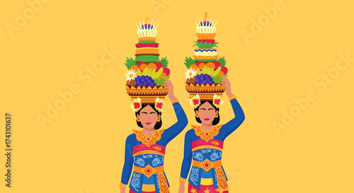 Cultural Festival Celebration, Women Carrying Offerings, Traditional Ceremony, Illustration, Vibrant Background, Aerial View, Festivity