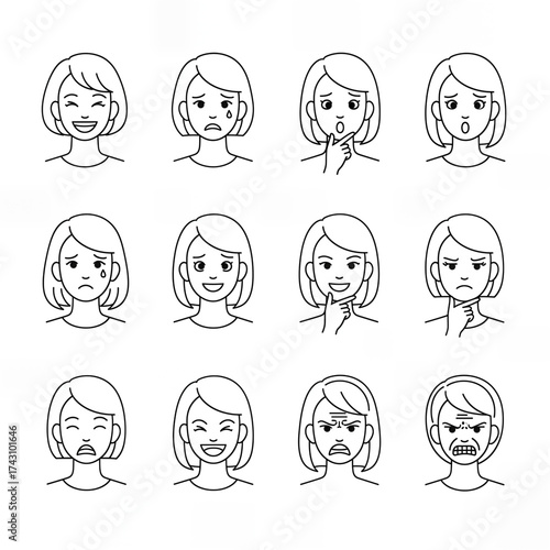 Minimal Line Art Faces Showing Different Human Emotions Vector Illustration for Psychology and Education