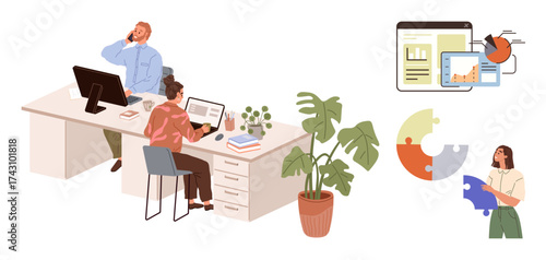 Two workers collaborate at desks, surrounded by data charts and puzzle pieces. Ideal for teamwork, office life, project management, problem-solving, digital solutions, analytics, and education